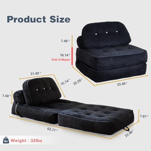 NESLAKO Folding Sofa Bed, Flannel Futon Couch Bed with Pillow and Blanket, Convertible Sleeper Chair for Small Space Apartment Guest Room, Black - Thumbnail 2