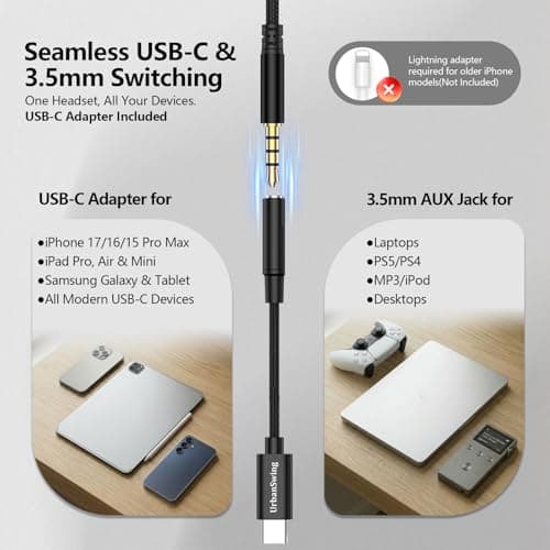 Urban Swing W2 Foldable Wired Headphones, 3.5mm Jack & USB C Adapter, Over Ear Headset for iPhone 17 16, iPad Pro, Samsung S25 S24, 4.9ft Braided Cable & Pouch for Travel, Office, Casual Gaming, Black - Thumbnail 2