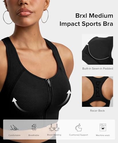 BRXL Front Zip Sprorts Bra Seamless Sewn in Pads Racerback Wide Straps Medium Impact for Running Yoga Gym Black M - Thumbnail 4
