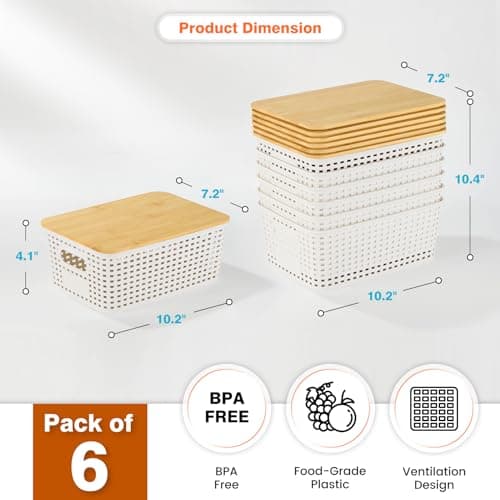 Ohmlove Plastic Storage Baskets With Bamboo Lid - Plastic Storage Containers Stackable Storage bins: Storage Baskets for Organizing Shelves Drawers Desktop Closet Playroom Classroom Office, 6 Pack - Thumbnail 2