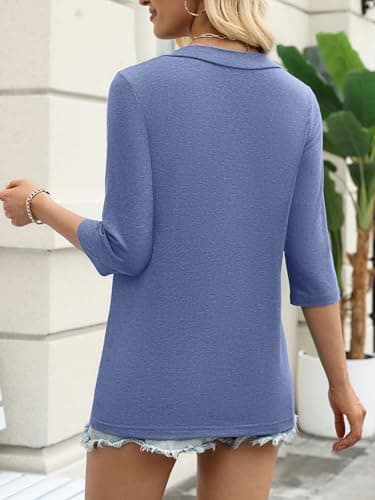 YESTTO Womens Tops 3/4 Sleeve V Neck Tunic Tops Casual Loose Fit Shirts Soft Lightweight Blouses Tees Blue (XXL) - Thumbnail 5