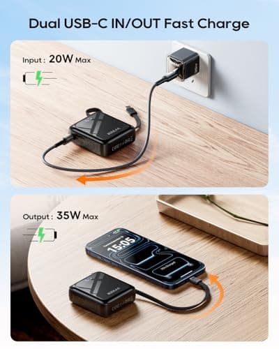 Kuulaa Small Power Bank, Ultra-Compact 10000mAh 35W Fast Charging Portable Charger with Built-in USB-C Cable, Pocket-Size Travel Battery Pack for iPhone 17/16/15, Samsung Galaxy, iPad,Black - Thumbnail 6