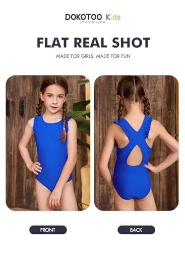 DOKOTOO KIDS Girls Swimsuit Summer Teen Girl Swimming Suits Removable Pads Ruffle One Piece Swimsuits Solid Cute Fashion Swimwear Cross Back Sleeveless Beachwear Royal Blue Size 12 13 Years Old - Thumbnail 3
