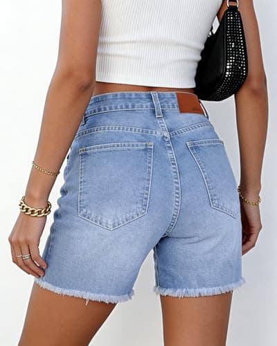 SEASEESI Jean Shorts for Women Trendy High Waisted Stretchy Ripped Denim Summer Frayed Raw Hem Mom Long Shorts Cutoff 2026 Jorts（Light Blue M） - Thumbnail 3