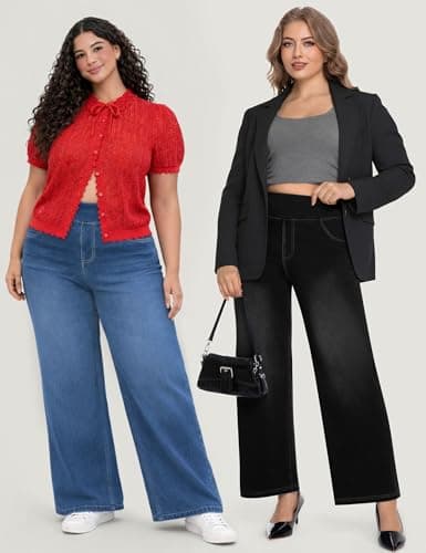 AVAMO Plus Size Jeans for Women Stretchy Wide Leg Pull On Sweatpant Jeans for Curvy Women High Waisted Baggy Denim Pants - Thumbnail 3