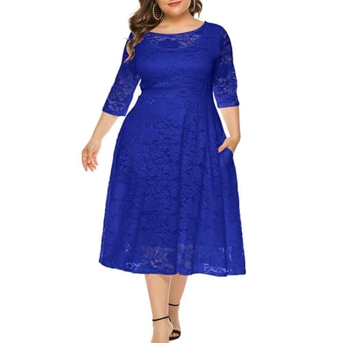 Eternatastic Womens Scooped Neckline Floral lace Top Plus Size Cocktail Party Midi Dress 4XL Blue - Image 1