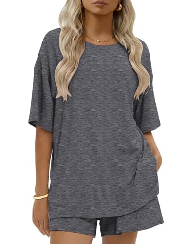 Ekouaer Womens Cotton 2 Pieces Short Sets Summer Short Sleeve Outfits Casual Matching Lounge Set with Pockets - Image 1
