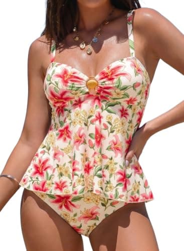 Aleumdr Women's Tankini Swimsut Tummy Control Bathing Suit Scallop Flowy Swim Top with High Waisted Tankini Bottom Floral Beige XX-Large