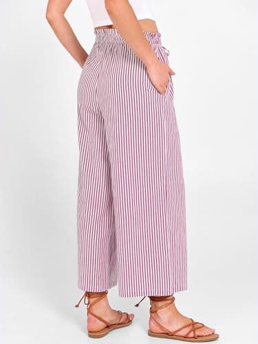 ANRABESS Womens Striped Gingham Palazzo Capri Pants Pajama Wide Leg Lounge Trousers Plaid Cute Crop PJ Bottoms with Pockets Red White Stripe X-Large - Thumbnail 5
