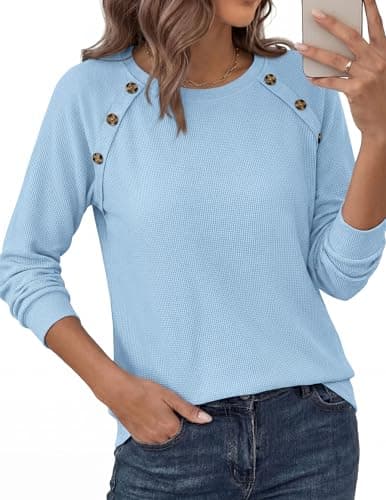 PRETTYGARDEN Fall Long Sleeve Waffle Knit Shirts for Women, Light Blue,L - Thumbnail 2