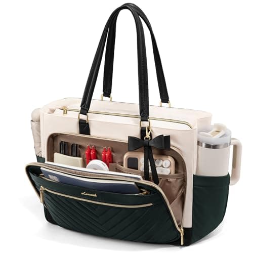 LOVEVOOK 17 Inch Laptop Work Bag for Women, Teacher Tote with Large Cup Holder, Work Bag with Organized Multi-Pockets, Ideal for Daily Use, Dark Green-Beige-Black