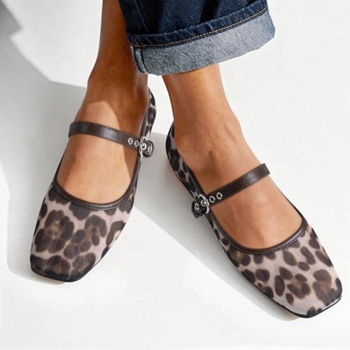 ATHMILE Women's Leopard Mesh Flats for Women Mary Janes Shoes Women Square Toe Ballet Flats with Adjustable Strap, Slip-On Comfortable Casual Dress Shoes for Office, Date Night and Daily Wear Size 9 - Thumbnail 2