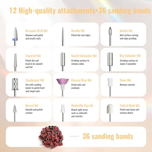Denabuty Cordless Electric Nail Drill File: 35000RPM Professional Nail Drill Machine with UV LED Nail Lamp Charging Base, Manicure Pedicure Kit E File for Acrylic Gel Dip Powder Polish Black - Thumbnail 6