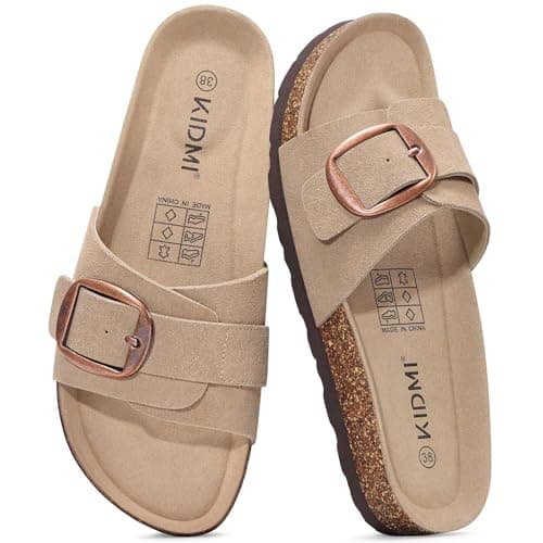 KIDMI Genuine Suede Cork Footbed Sandals for Women Comfortable Summer Slides with Buckle, Apricot 40