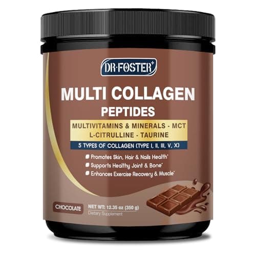 DRFOSTER Chocolate Collagen Peptides Powder for Women & Men, Multi Type I II III V X Collagen with multivitamins & Minerals for Skin, Hair & Nails & Joints, Non-GMO, 35 Servings