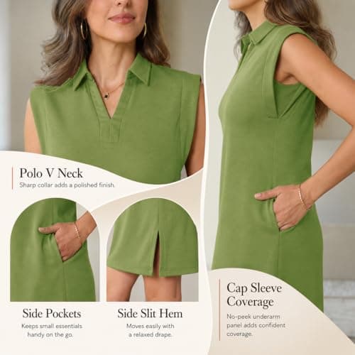 BEXIBOOM Work Dresses for Women Casual Summer Dress, V Neck Collared Shift Dress with Pockets, Cap Sleeve Knee Length Office T Shirt Dress Olive Green-M - Thumbnail 5
