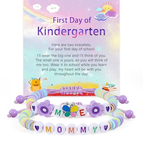 JIANZHEN First Day of Kindergarten Mommy and Me Bracelets Gifts with Butterfly Heart for Back to School Matching Bracelets Pre-K Bracelet Mom Daughter Jewelry First Day of School Gift with Card (Cute Set-Kindergarten)
