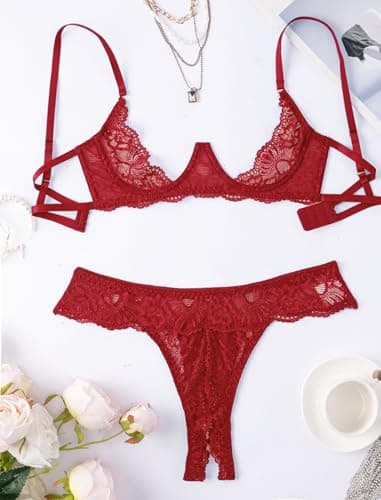 Avidlove Womens Lingerie Sexy Lace Lingerie Set Women Bra and Panty 2 Piece Sets Wine Red XXL - Thumbnail 2