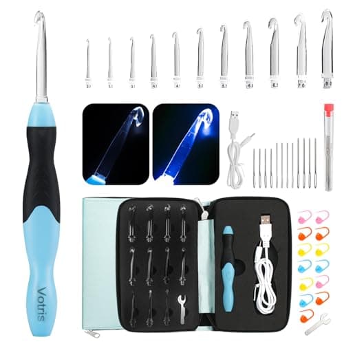 Votris Light up Crochet Hook Set - 11 in 1 Lighted Crochet Hook Set for Beginners, Ergonomic Soft Grip, Rechargeable Light, Interchangeable Heads - Ideal Crochet Hooks Kit - Image 1