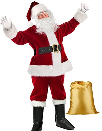PrettyQueen Santa Claus Costume for Men, Professional Santa Suit Adults Men Christmas Santa Costume Deluxe 9 PCS Santa Outfit (Burgundy, 3XL) - Thumbnail 2