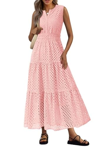 PRETTYGARDEN Womens 2026 Summer Maxi Dresses Sleeveless Sundresses V Neck Eyelet A Line Long Flowy Spring Wedding Guest Dress (Pink,X-Large) - Image 1