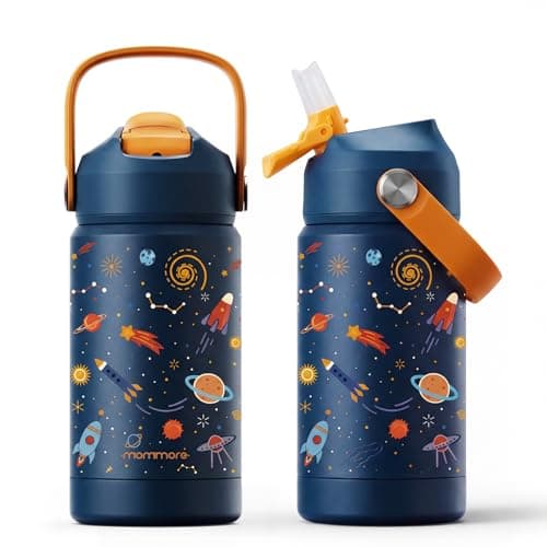 Mommore Kids Insulated Water Bottle with Soft Rubber Handle, 12oz Stainless Steel Thermos with Straw Lid, Leak Proof, Easy to Clean Design, Vacuum Small Canteen for School Boys Girls, Universe-1 Pc