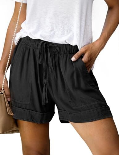NILOINE Womens Linen Drawstring Shorts Casual Elastic Waist Shorts Summer Comfy Beach Short Pants with Pockets(Black,Medium) - Image 1