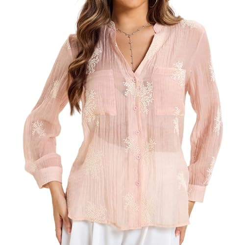Women's Long Sleeve Sheer Floral Embroidered See Through Button Down Blouse Lightweight Boho V Neck ShirtsLarge YG010 Pink L - Thumbnail 2