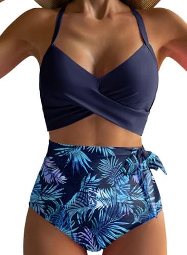 Dokotoo Bathing Suit for Women Tummy Control Two Piece Sexy Vacation Summer 2025 Adjustable Straps Twist Front Tie Up High Waisted Bikini Suit Swimsuit Beach Swimwear Set,Blue Small - Image 1
