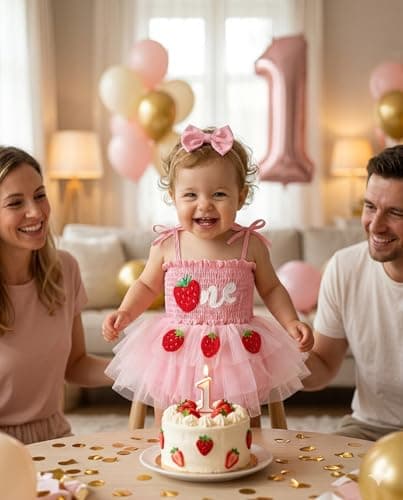 ChuYuKu Baby Girl First Birthday Outfit Sleeveless Tulle Princess Dress 1st Birthday Gift Party Wedding Clothes Strawberry - Thumbnail 2