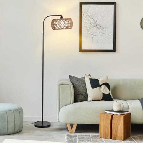 YJSQOEOE Rattan Floor Lamp for Living Room, Tall Pole Lamp with Adjustable Drum Shade, Foot Switch& Romote, Height Ajustment, Over Couch Arched Floor Light for Reading Bedroom Bulb Included