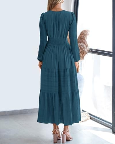 BTFBM Spring Dresses for Women 2026 Casual Long Sleeve V Neck Elastic Waist Lightweight Maxi Wedding Guest Dress Pockets(Lake Blue, Small) - Thumbnail 3