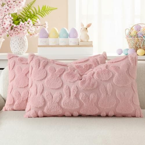 decorUhome Easter Bunny Pillow Covers 12x20 Inch Set of 2, Soft Plush Faux Wool Jacquard Pink Rabbit Cushion Covers, Farmhouse Neutral Spring Easter Holiday Decor for Couch Sofa Bed - Image 1