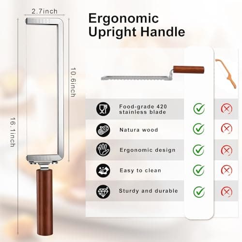 JAC HouseHold Upgrade Bread Knife for Homemade Bread, Sourdough Bread Slicer with 6 Thickness Guide & Razor Sharp Stainless Blade, Manual Bow Cutter for Bagels and Baguettes - Thumbnail 4