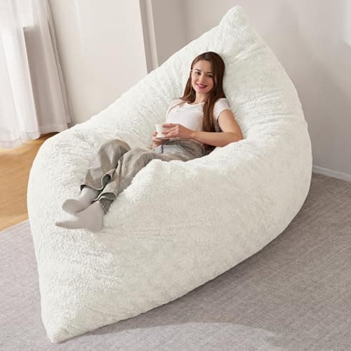 HABUTWAY 4 in 1 Bean Bag Chair, Giant Memory Foam Filling Bean Bag Sofa, Adult Bean Bag Chair, Machine Washable Faux Fur Cover, Bean Bag for Adult (White)