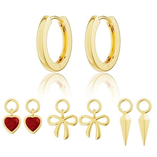 Freekiss Gold Huggie Earrings and Charm Set for Women Trendy: 14K Gold Plated Red Heart Small Dangle Huggie Hoop Earrings Bow Charm Jewelry Hypoallergenic Cute Earrings - Image 1