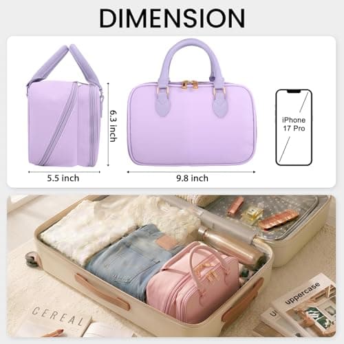 Travel Makeup Bag for Women Fashion Large Capacity Pouch Open Flat Cosmetic Portable Organizer Waterproof Large Opening Storage Toiletry Bags Vertical Free-Standing Brush Holder for Easy Access Purple - Thumbnail 6