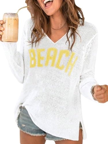 RoseSeek Women's Beach Cover Ups Letter Long Sleeve V Neck Beach Sweater Split Hem Knit Crochet Tops Pullovers Jumper Top White and Yellow XX-Small - Image 1
