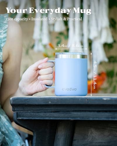 avodvo 12oz Insulated Coffee Mug with Lid – Includes Two Lids, Stainless Steel Coffee Travel Mug with Handle, Double Wall Vacuum Insulated Camping Mug for Home, Office & Outdoor, Light Blue - Thumbnail 4