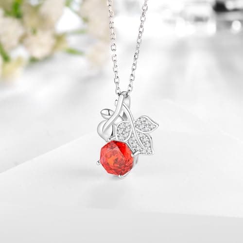 Aurora Tears Birthstone Rose Pendant Necklace - 925 Sterling Silver Rose Cut Cubic Zirconia January Garnet Flower Leaf Necklace Anniversary Birthday Jewelry Gift for Women Wife Mom Daughter DP0389J - Thumbnail 3