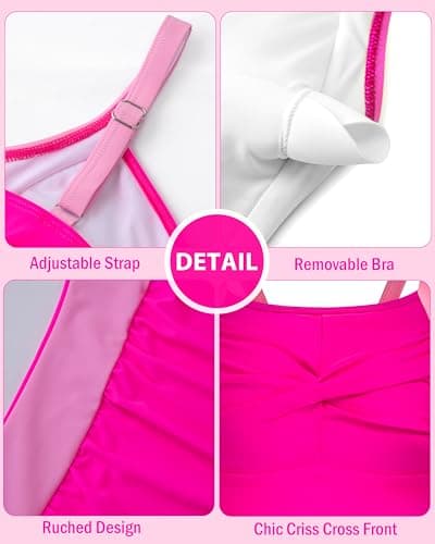 DAXIANG Girls One Piece Swimsuit Modest Ruched Color Block Bathing Suit Tween Adjustable Straps Padded Swimwear Size 12 Hot Pink - Thumbnail 6