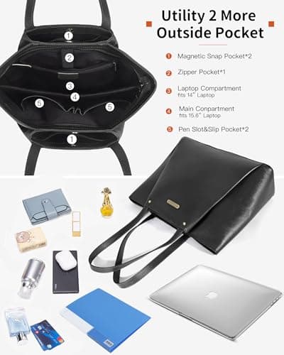 Blofinche Genuine Leather Tote Bag for Women Work Laptop Bag, 15.6 Inch Large Professional Computer Bag with Zipper Closure, Commuter Business Purse for Office Travel, Black - Thumbnail 5