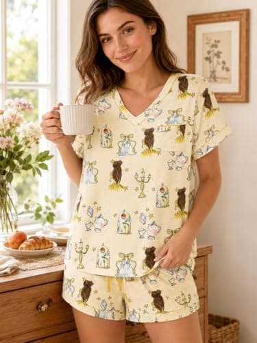 ASTANFY Pajamas for Women Set Two Piece Cherry Graphic Pjs Satin Princess Sleepwear Summer V Neck Short Sleeve Loungewear - Thumbnail 2