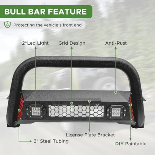 Partree Bull Bar Fit for Nissan Frontier 2022 2023 2024 2025 with LED Light & w/License Plate Bracket DIY Paintable Front Bumper Brush Push Bar Grille Guard Protector - Thumbnail 3
