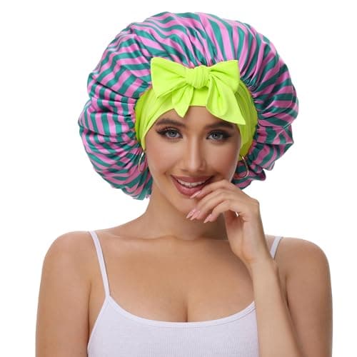 Vettres Satin Bonnet for Curly Hair Silk Sleeping Bonnets Double Layer Satin Bonnet with Tie Hair Cap for Sleep Red Green Stripes - Thumbnail 2