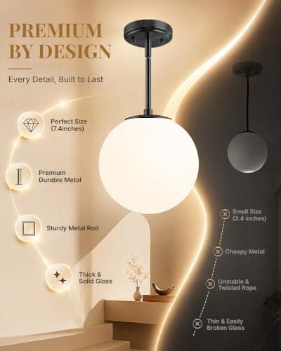 Majade Globe Pendant Lights Kitchen Island Mid Century Modern Pendant Light Fixtures 2 Pack 7.4 Inch Black Ceiling Lighting with Milk White Glass Shade Adjustable Hanging Light for Dining Room - Thumbnail 2