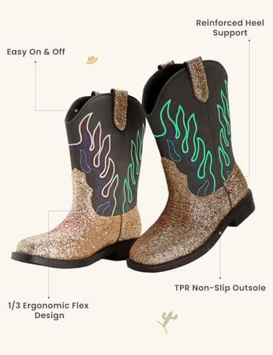 PATPAT Toddler Size 7 Gold Boys Cowboy Boots,Square Toe Mid Calf Embroidered Cowboy Boots Western Riding Shoes - Thumbnail 4