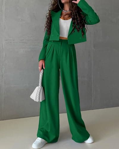KIRUNDO Womens Suits 2 Piece Set Cropped Blazers & Suit Jackets and Wide Leg Pants Sets Interview Outfits Spring Fall Clothes(Green, XX-Large) - Thumbnail 3