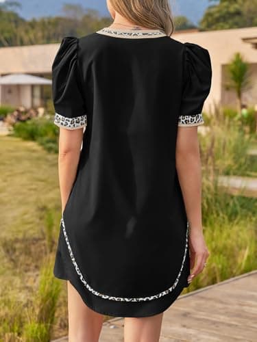 Wenrine Womens Puff Short Sleeve Mini Dress Casual V Neck Color Block Leopard Loose Beach Summer Dresses with Pockets - Thumbnail 4