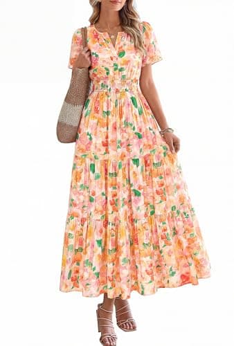 BTFBM Womens Summer Floral Maxi Dresses V Neck Short Sleeve Boho Casual Flowy Long Wedding Guest Dress Beach Vacation(Floral Orange Yellow, Medium) - Image 1